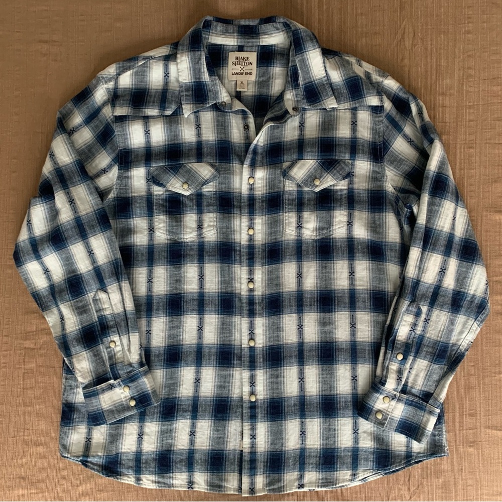 Blake Shelton Lands' End Navy and White Plaid Shirt XL